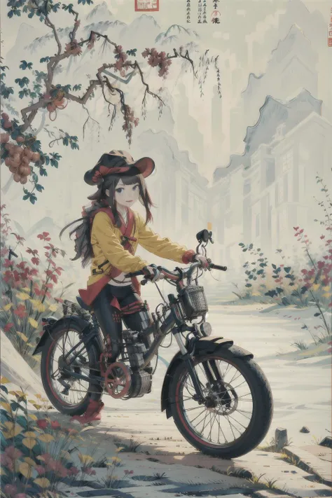 photo of a girl ,tangbohu style  bike <lora:tangbohu:1>  <lora:Gacha Splash:0.2>