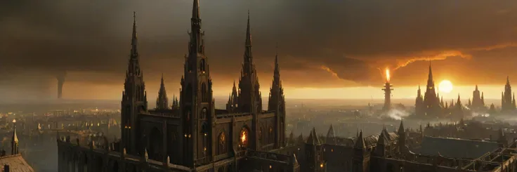 a close up of a city with a clock tower and a cloudy sky