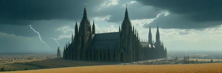 arafed image of a large church in a field with a lightning bolt in the sky