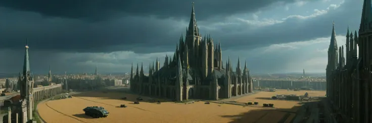 (warhammer 40k, wh40k10m, agri-world:1.5, complex gothic architecture, i, machinery,:1.5,   vast crop fields:1.5,  gigantic granaries: silos2, multiple layers of construction, layer after layer of architecture, spire towers, reaching the sky), gothic templ...