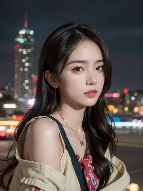 a woman with long hair standing in front of a city skyline