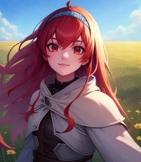 a woman with long red hair and a gray dress standing in a field