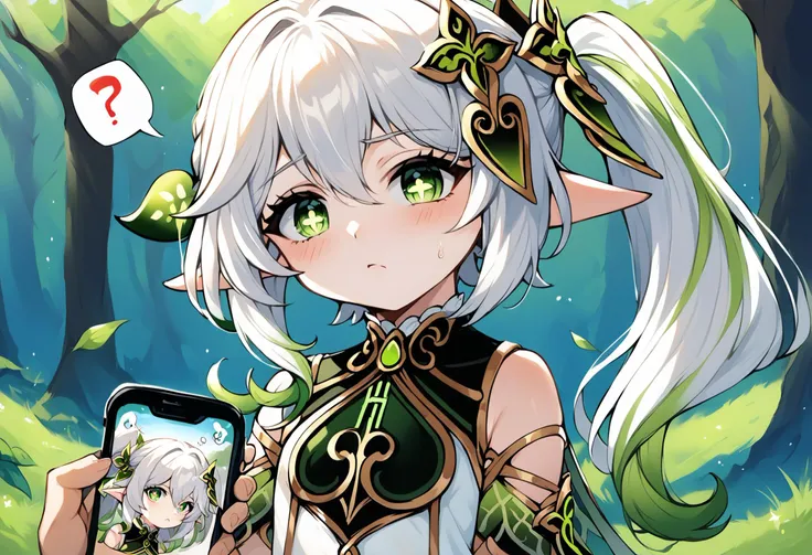 anime girl with white hair and green eyes holding a cell phone