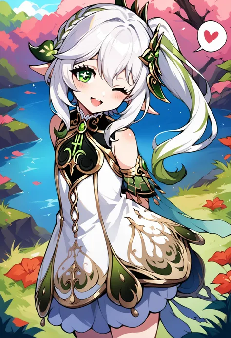 a girl with long white hair and green eyes standing in front of a lake