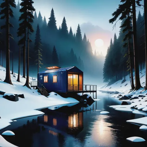 a cinematic shot of a river landscape with a forest, shipping container tiny house, snowy, creepy, scary, fog, horror, cinematic, epic, poster, digital painting, dark colors, intricate details, Asaf hanuka, uplight, 35mm, Gravity Falls style, cartoon, anim...