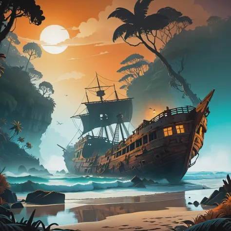 movie shot of an ocean landscape with a jungle, old crashed wooden shipwreck on beach, creepy, scary, fog, horror, cinematic, epic, poster, digital painting, orange colors, intricate details, Asaf hanuka, uplight, 35mm, Gravity Falls style, cartoon