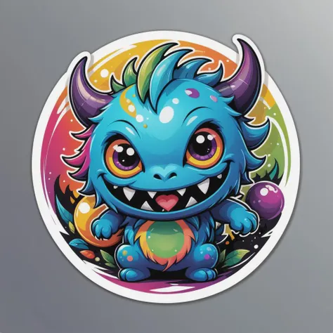 a sticker with a cartoon monster with a colorful background