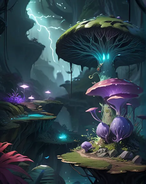 (best quality, ultra detailed, ultra fine details, best brush strokes, digital illustration), a Magical forest, illuminated by bioluminescent soil, storm forms in mysterious crystals,dynamic platforms, structures emerge, small villages on floating platform...