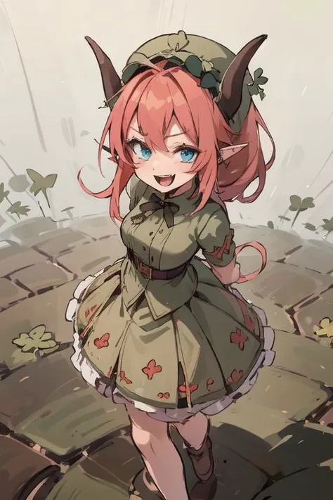 a cartoon girl in a green dress and horns stands on a brick path