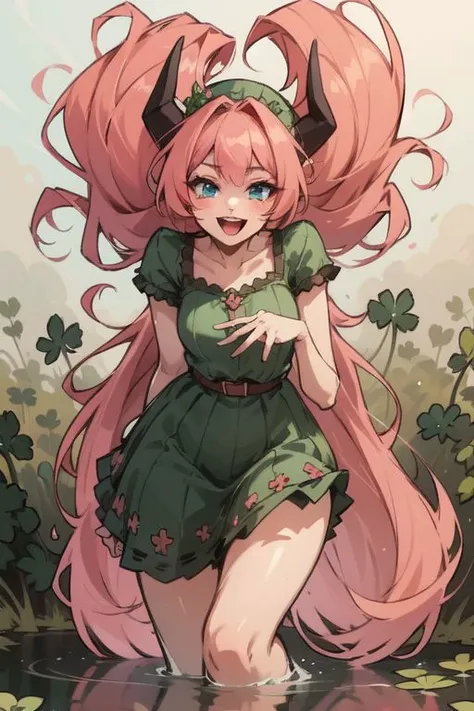 a girl with long pink hair and a green dress is walking through water