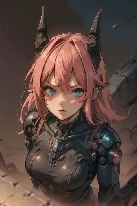 a woman in a black outfit with pink hair and horns