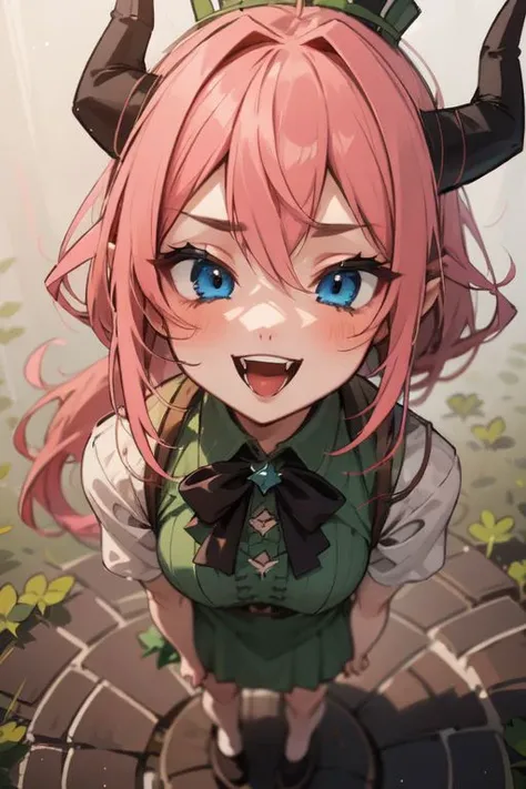 a close up of a person with pink hair and horns