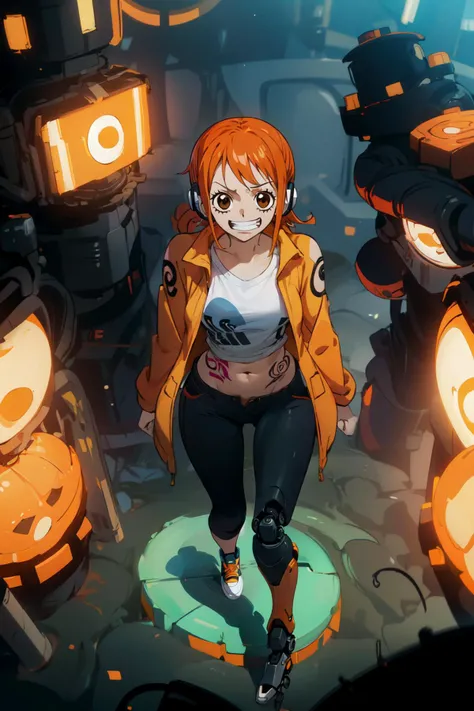 Wano style, Blade runner Style, from_above,  leaning forward, android-seams, 1girl, mechanical leg, ch_nami, headphones, head tilt,  nami_(one_piece), orange hair, short hair, (oversize orange jacket, navel, open jacket, white shirt:1.3), official art, tre...