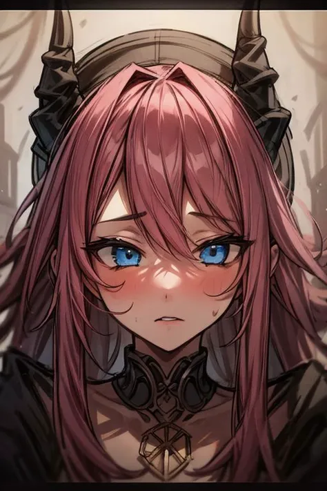 a close up of a anime character with pink hair and blue eyes