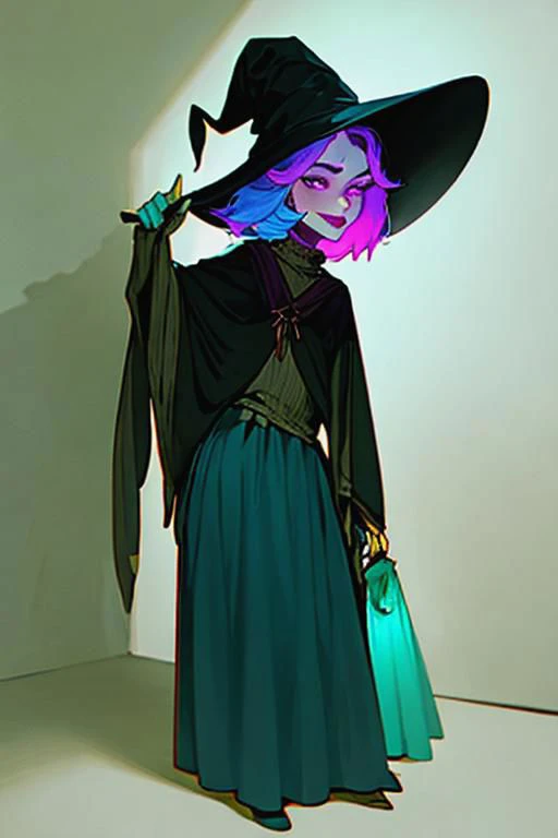 a close up of a person in a witch costume with a hat and a broom