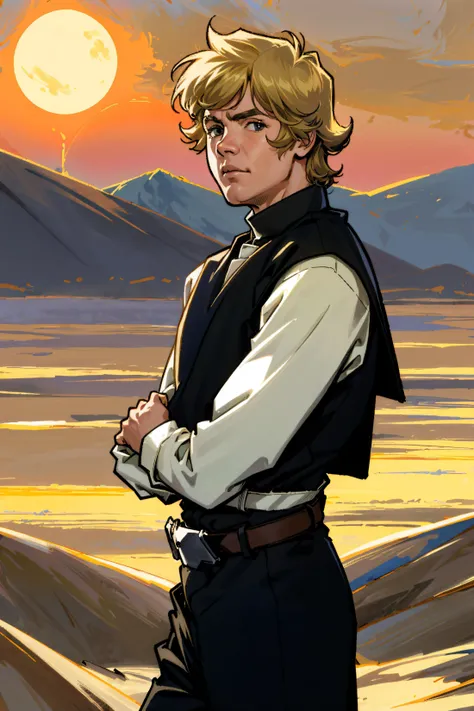 luke sd, looking at viewer,  (black outfit),desert,blonde, comic book, belt, realistic,sun, <lora:Luke sd-000004:0.7>