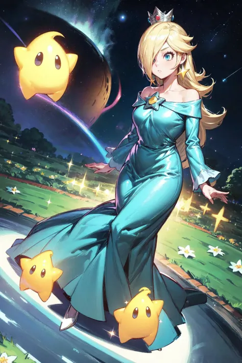 thick outlines, comics, photorealistic, 1girl, solo, <lora:RosalinaV3:0.9>, IncrsRsln, blonde hair, hair over one eye, RslnDef, crown, bare shoulders, off-shoulder dress, long sleeves, blue dress, long dress, aqua dress, space, stars, planets, garden, deta...