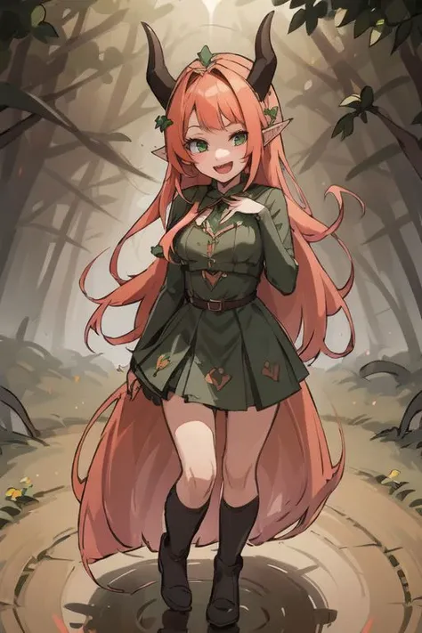 a girl in a green dress and horns stands in a forest