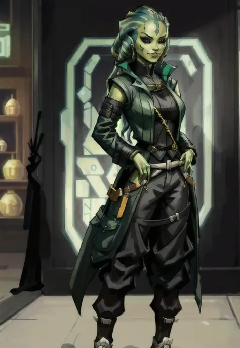 star wars, black sclara, green skin:1.2, colored skin:1.2, female trader, wealthy. standing proudly, in a bazaar. wearing  traders attire. smugglers clothes. pants and jacket. (modest clothing that covers her:1.3), trendy, cool, smirking. ((she is not show...