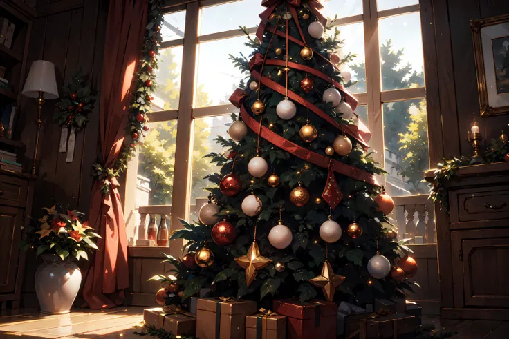 1girl, solo, christmas tree, new happy new year,  atmospere,  <lora:Fantasy_style_background:0.8>