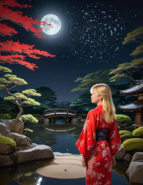 a woman in a kimono standing in front of a pond at night