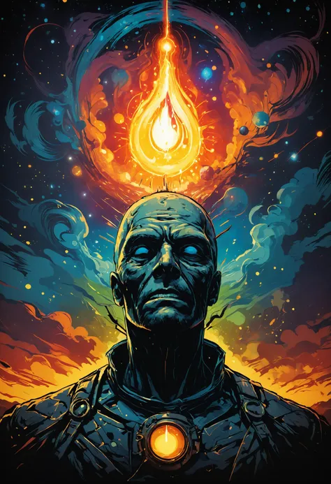 a poster of a man with a glowing head and a glowing flame