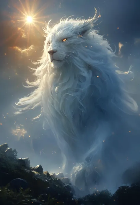 a white lion with long hair walking on a rocky hill