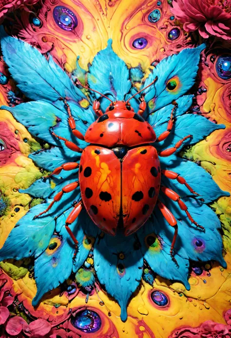 brightly colored lady bug with feathers on a colorful background