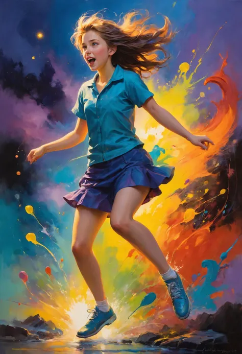 Drag a Lilliputian kicking and screaming into the future, <lora:SDXLFaeTastic2400:0.4>, Twilight Light, <lora:gorgoeus_splash_of_vibrant_paint:0.7> Gorgeous splash of vibrant paint, <lora:saturated_colors:0.8> saturated colors