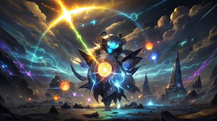 a man in armor holding a glowing orb in front of a mountain