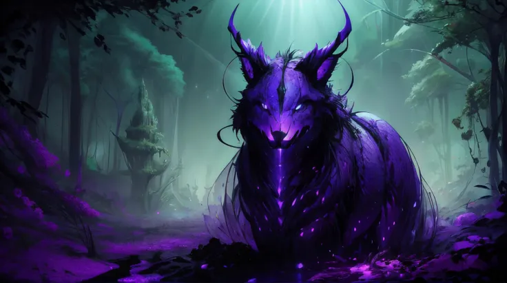 a purple horned animal in a forest with a bright light