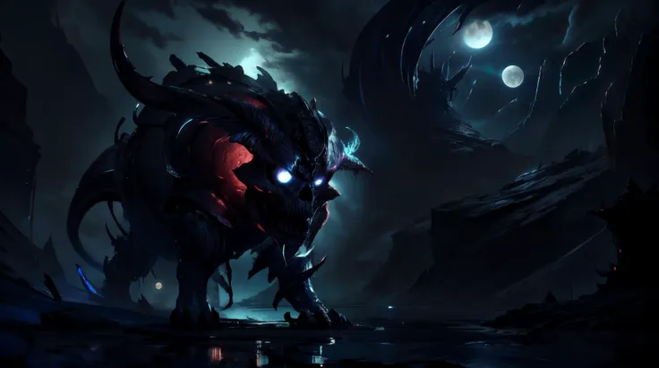 a demonic looking creature with glowing eyes standing in front of a dark sky