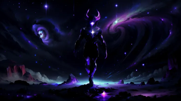 a man standing on a rock in the middle of a galaxy