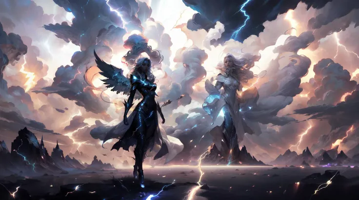 a woman in a black dress standing in front of a lightning storm