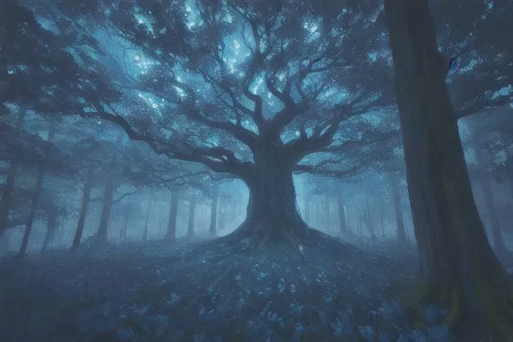 painting of giant tree, dark blue theme, illuminated blue leaves, night vision, fantasy, magical, masterpiece, ultra quality, 12k detailed, birdseye shot, ultra wide angle shot, high angle shot, far angle shot, aspect ratio: 2.39:1(3,840 x 2,160)