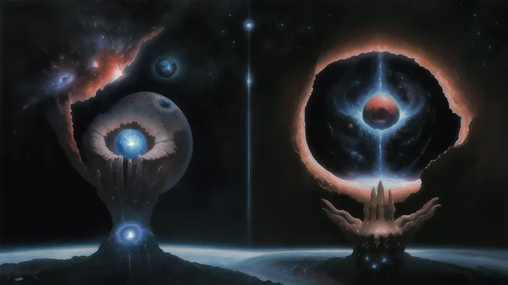 a painting of two hands reaching towards a planet with a star in the background