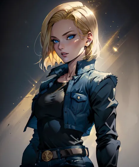 masterpiece, best quality, full body, 1girl,  <lora:EnvyBeautyMix09:1>,1girl,  blonde short hair, blue jacket, blue jeans, blue eyes, black gloves, lether belt, android 18, <lora:android1818DragonBall_v1:0.8>, extremely detailed face, perfect lighting