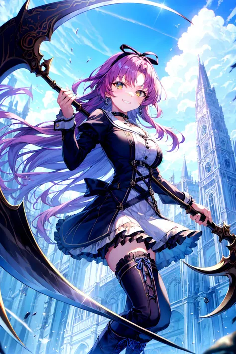 (masterpiece), (best quality), absurdres,(ultra-detailed), (highres), (detailed background),
1girl,standing,elegant ,silhouette, smirk, mischievous,
<lora:renne-nv-v1:0.8> (renne_sen),  full body, solo focus, (hand holding a (large Scythe:1.4)),(medium hai...