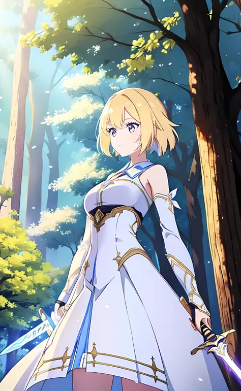 1girl, cowboy shot, standing, Lumine, white dress, detached sleeves, bare shoulders, sword, holding sword, nature, forest, flower, tree <lora:Lumine wangy v3:0.6>