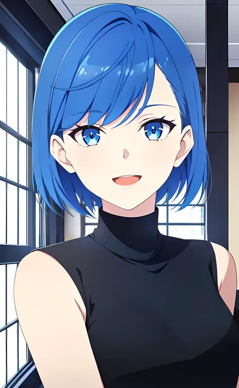 1girl, portrait, standing, short hair, blue hair, blue eyes, black shirt, sleeveless turtleneck, bare shoulders, bare arms, open mouth, smile, indoors, window