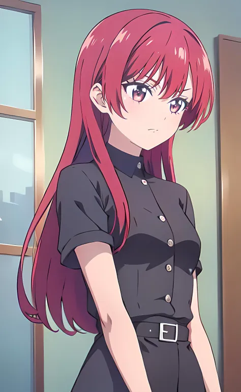 anime girl with long red hair and black dress standing in front of a window