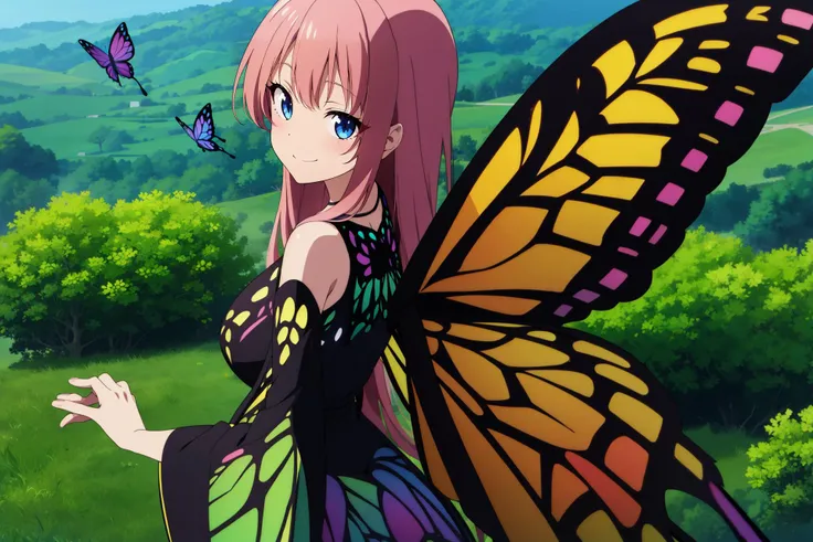 1girl,outdoors,,long_hair,upper_body,butterfly, ((butterfly wings)), ((butterfly print)), butterfly_dress,skirt,breasts,full_body,spread legs, wings,standing, smile,wide sleeves, bare_shoulders,collarbone, bare_back,from side, looking at viewer,
anime scre...