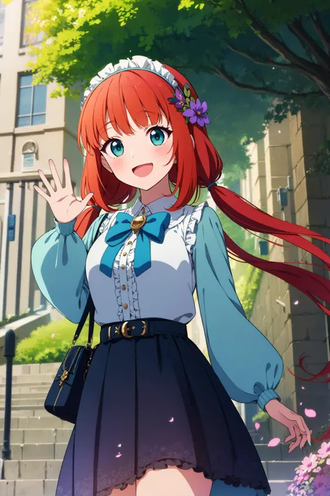 masterpiece, best quality, absurdres, nilou (genshin impact), 1girl, purple flower, skirt, flower, solo, frills, long hair, bangs, long sleeves, red hair, smile, parted bangs, hair flower, petals, looking at viewer, shirt, blue skirt, outdoors, brooch, twi...