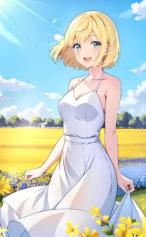 1girl, cowboy shot, standing, short hair, blonde hair, green eyes, white dress, halter dress, collarbone, bare shoulders, bare arms, open mouth, smile, nature, flower field, blue sky, sunlight