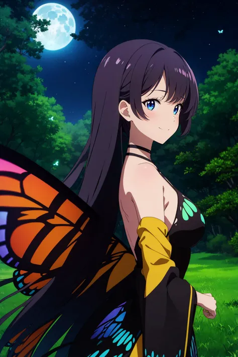 1girl,outdoors,,long_hair,upper_body,butterfly, ((butterfly wings)), ((butterfly print)), butterfly_dress,skirt,breasts,full_body, wings,standing, smile,wide sleeves, bare_shoulders,collarbone, bare_back,from side, looking at viewer, night, night_sky,moonl...