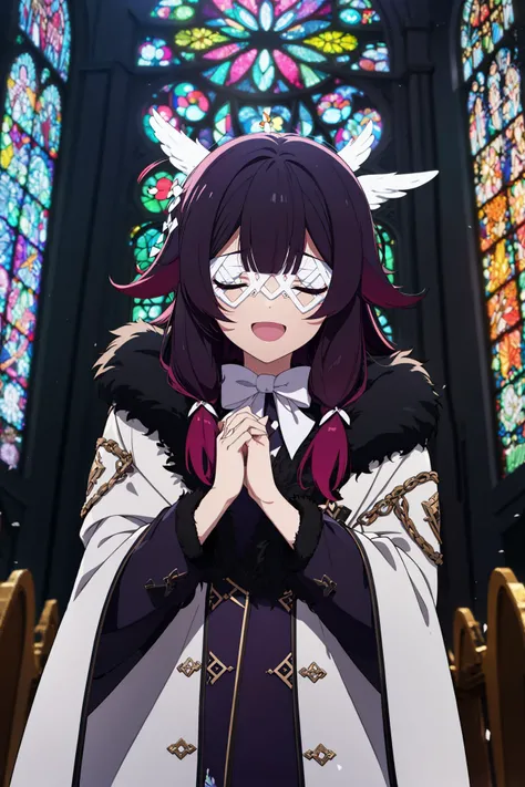 1girl,long_hair,closed_eyes,bandages,winter_coat,smile,:D,open_mouth,church,stained_glass,glass,best_quality,masterpiece,own hands together,  <lora:columbina-05:.6>,1girl, black hair, closed eyes, coat, eye mask, fur trim, ((fur-trimmed coat)), lace, long ...