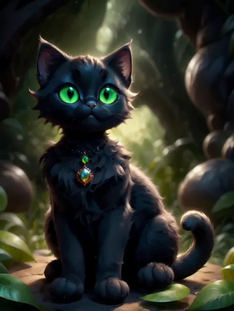 black cat, precious jewelry, green eyes, full-length <lora:WarmCats:1>