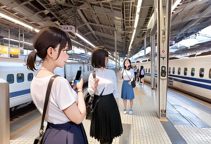 there are two women standing at a train station with their cell phones