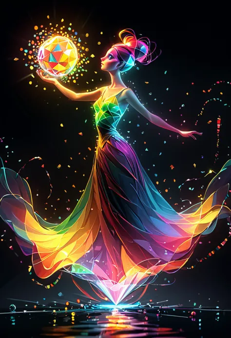 a woman in a colorful dress holding a glowing ball