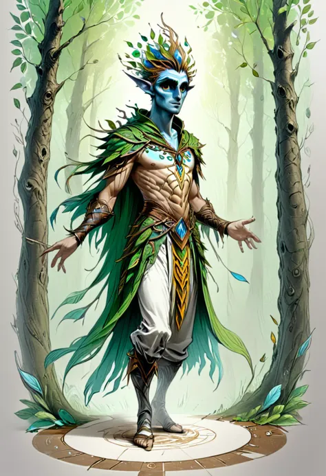 a drawing of a man in a green and blue costume standing in a forest